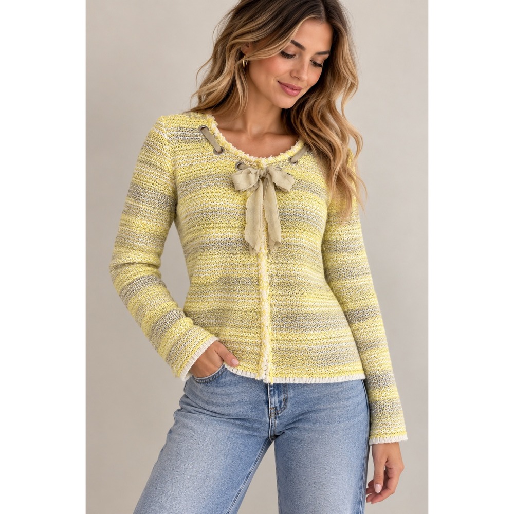 Sem Per Lei Italy Yellow Grey Striped Knit Cardigan Ribbon Tie Small
